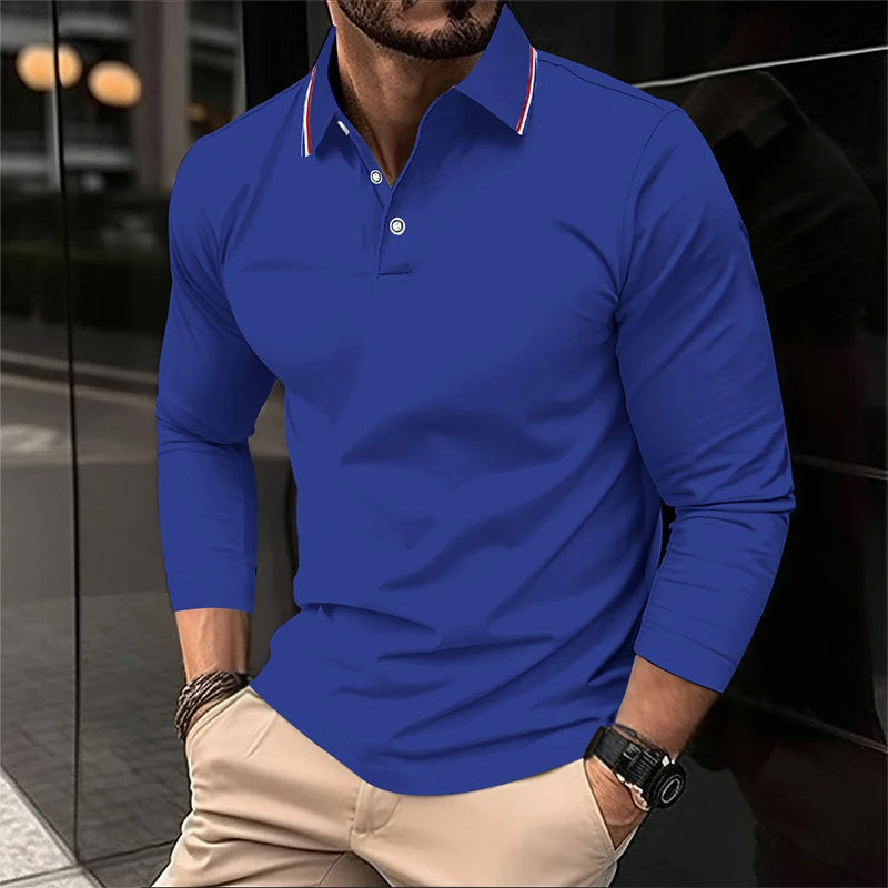 2025 Men's Summer Long Sleeve Lapel Polo Casual Breathable Comfortable Polo Shirt Solid High Quality Male T-Shirt Dropshipping