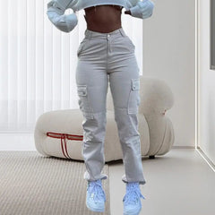 Women Cargo Pants Multi Pockets Lady High Waist Pants Soft Butt-lifted Button Trousers