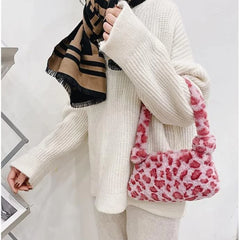 1Pc Fashion Women Cow Print Mini Shoulder Bag Women Winter Plush Armpit Bag