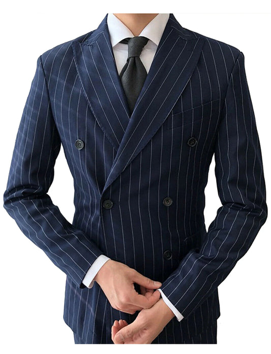 Slim Fit Blue Striped Men Suits For Wedding 2 Pieces (Blazer+Pants) Peak Lapel Formal Business Groom Wear Tuxedos Costume Homme