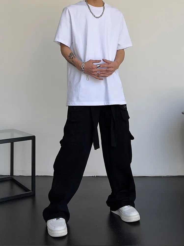 High street retro casual large pocket overalls men's and women's summer high waist