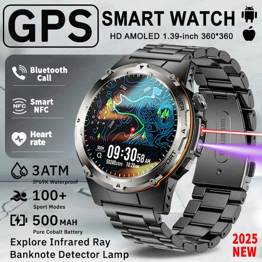 NEW Upgraded Outdoors GPS Sports Smart Watch Men HD AMOLED 3ATM IP69K Waterproof 500mAh Infrared NFC Bluetooth Call Smart Watch