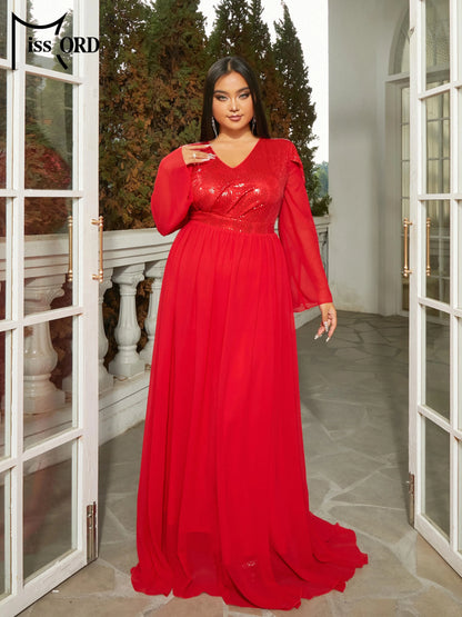 Missord New Plus Size Red V Neck Long Sleeved A-line Evening Prom Wedding Birthday Party Formal Occasion Dresses
