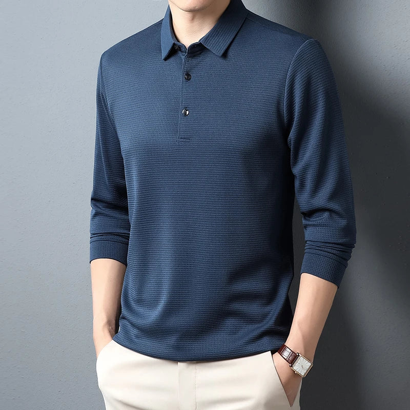 New Men's Business Fashion Casual Long Sleeved Shirt Solid Color Polo Shirt Fashionable Breathable Comfortable Versatile Top