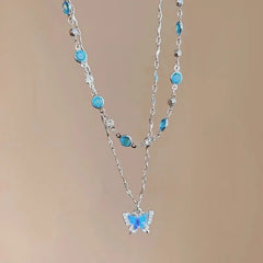 Blue Crystal Butterfly Necklace for Women Girls Simple Shiny Zircon Bilayer Choker