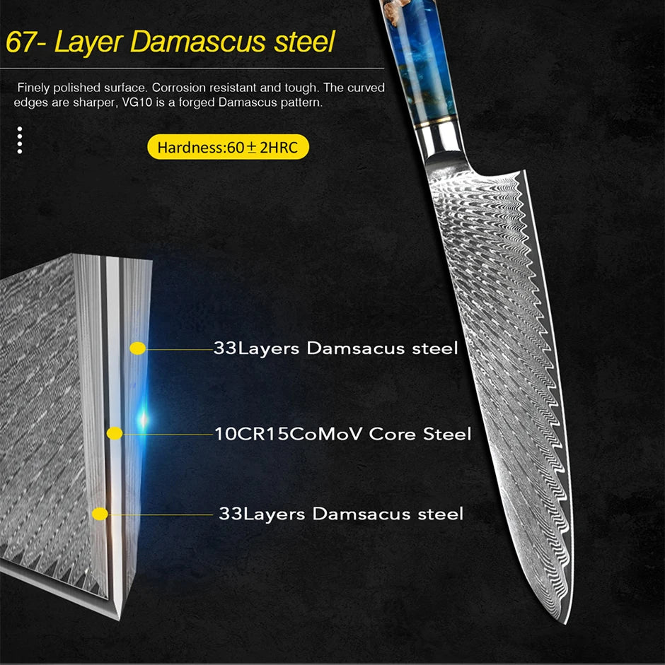 Damascus Steel Kitchen Knives VG10 Chef Paring Bread Knife Chef Knife Sharp