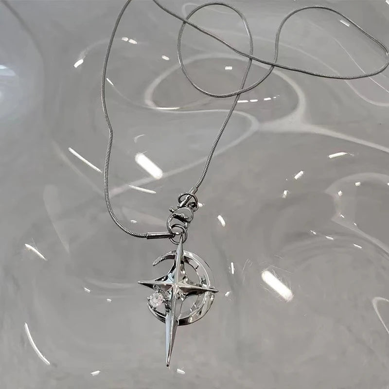 Cuban Figaro Chain Star Moon Pendant Necklace Men Punk Black Zircon Chain