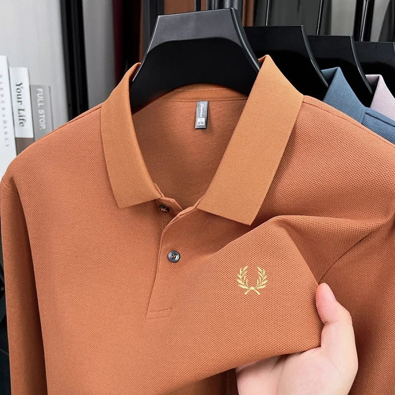 100% pure cotton high-end brand men's long sleeved polo shirt autumn fashion hot selling wheat embroidery golf business T-shirt