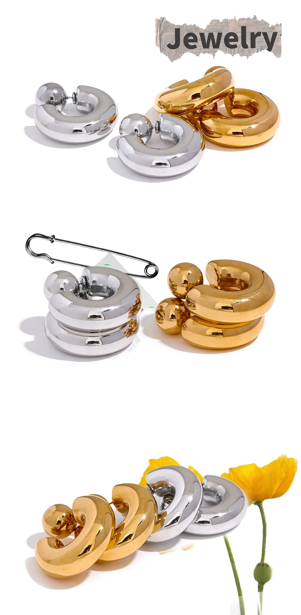 Yhpup Stainless Steel C Shape Round Chunky Unusual Earrings Jewelry Waterproof Metal Texture Attractive Women Accessories Gift