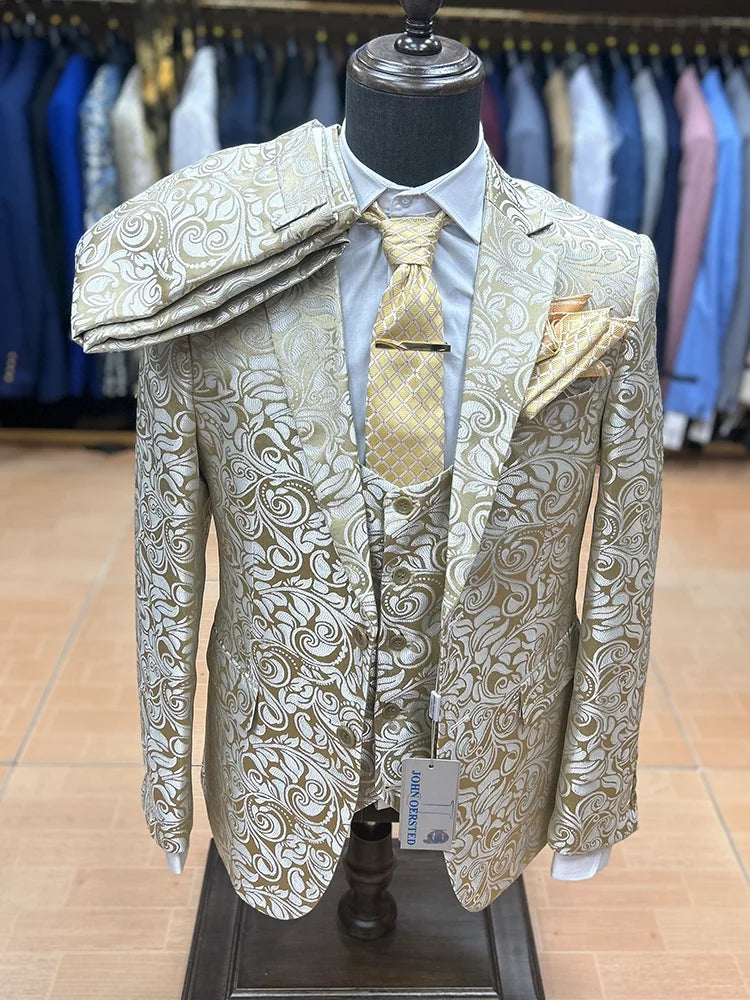 Tuxedo for Mens: Floral Printed Wedding Men Suit Three-Piece Slim Fit Stage