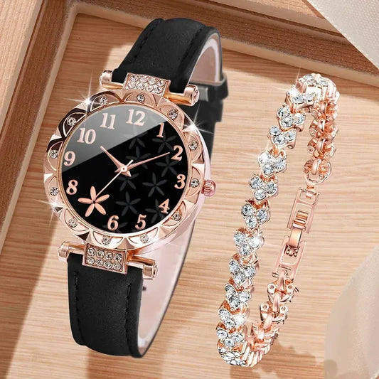 2PCS Women's Watch Set Luxury Trendy Flower Elements Digital Scale Dial Quartz Watch Suitable for Daily Clothing Matching