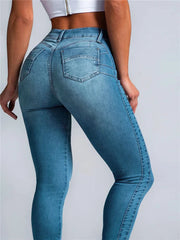 Women High Waist Stretch Skinny Hips Wrap Jeans Lady Slim Fit Classic Narrow Leg Denim