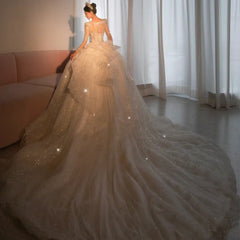 Wedding Dress See Through Square Collar Luxury Sweep Train Winter Bridal Gowns