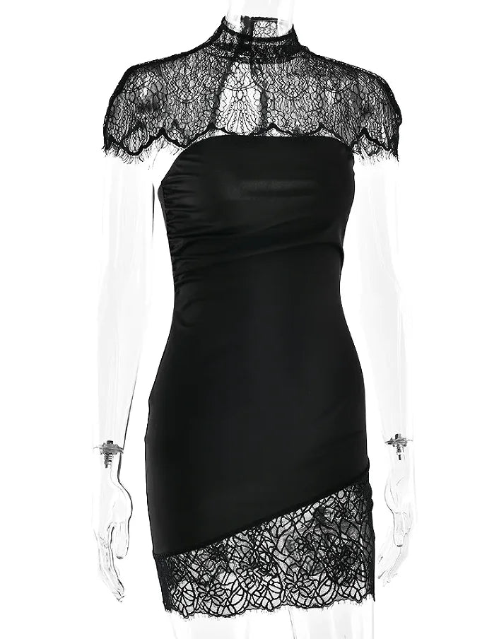 Black Lace Patchwork Strapless Dress Women Sexy Cape Shawl Waist Cinching Slim Mini Dresses Lady 2026 Evening Club Party Gowns