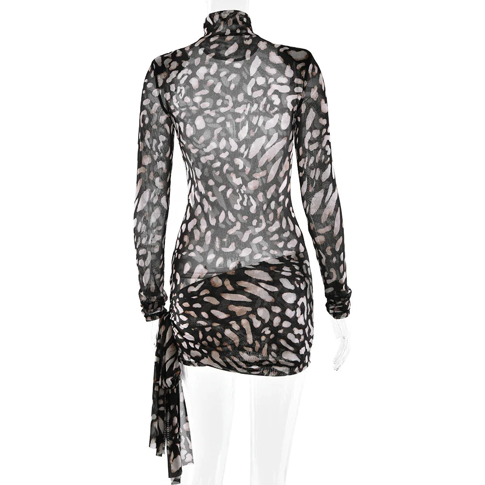 Fantoye Turtleneck Sexy Sheer Print Leopard Bandage Women Dress Long Sleeve Mini Dress Lady Spring Slim Elegant Party Club Dress