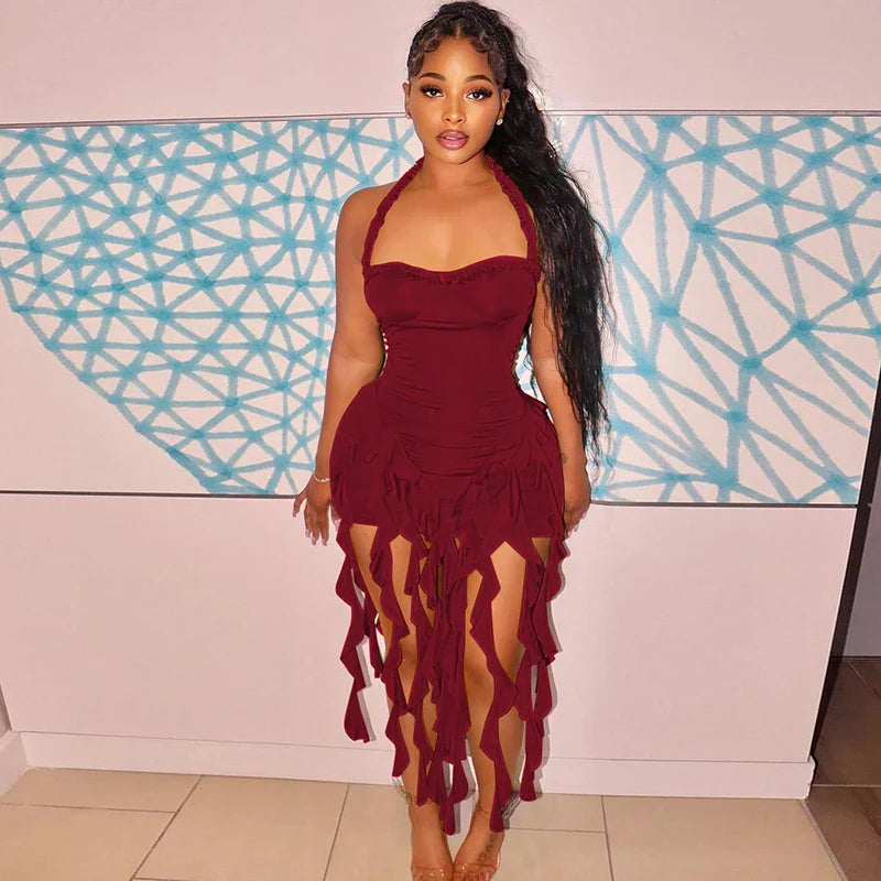 Hugcitar Elegant Halter Solid Ruffles Backless Taseel Sexy Slim Mini Dress Spring Women Cute Outfits Birthday Party Vacation