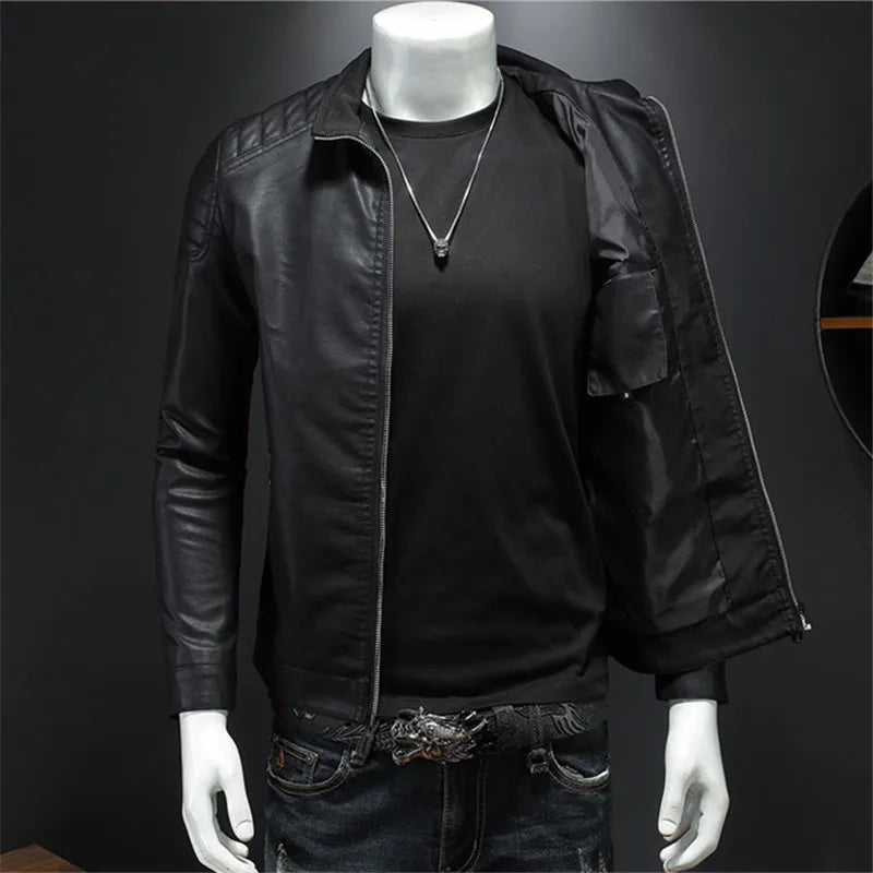 Men's Leather Clothing Fashion Slim Fit Zipper Leather Jacket Solid Casual Jacket