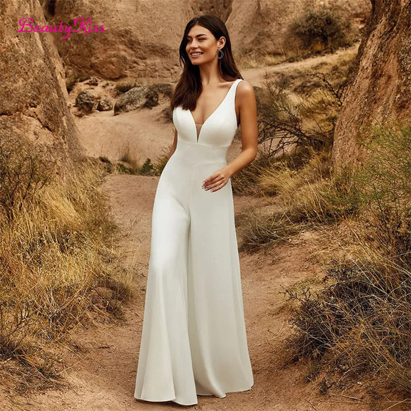White Bridesmaid Dresses: Wedding Jumpsuit With Detachable Skirt Two Pieces