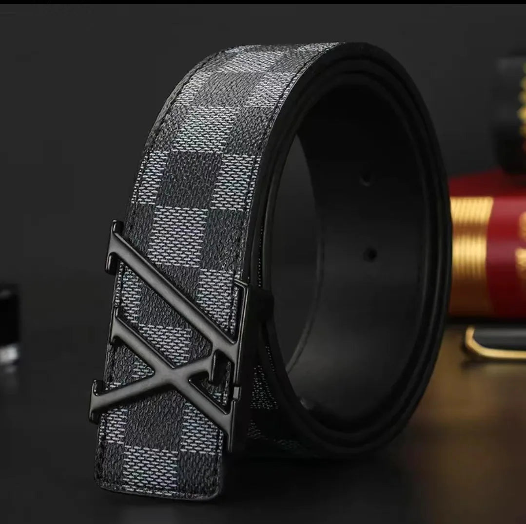 Light Luxury Premium Mens Leather Belt Check Pattern Genuine Pure Cowhide Casual Business Trendy Waist Belt