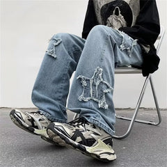 Stars Towel Embroidery Baggy Men Jeans Pants Y2K Clothes Straight Hip Hop