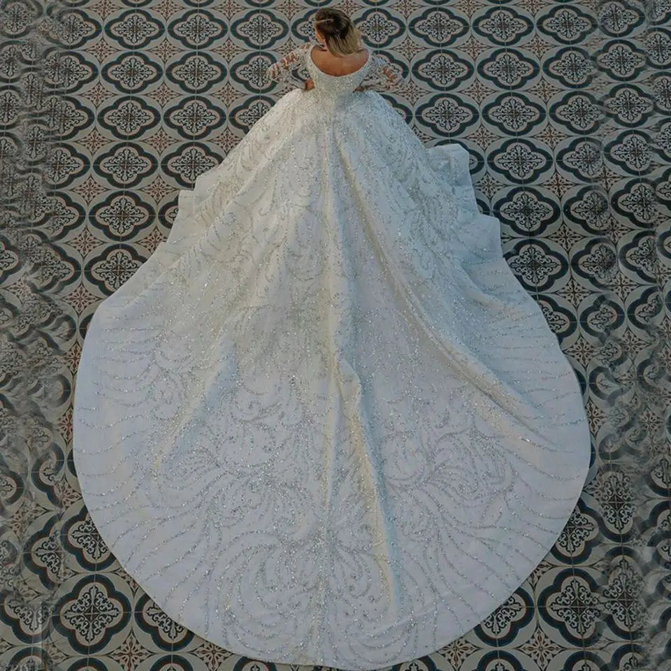 White Bridesmaid Dresses: Beading Long Sleeves Wedding Dresses Glitter Sequined