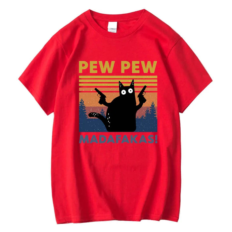 Pew Pew Madafakas Tshirt Men Short Sleeve Novelty Funny Cat T Shirt Cotton Loose Tops Shirts Tee T-Shirt Crew Neck Streetwear