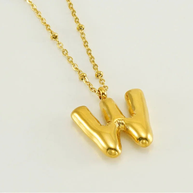 Vintage Stainless Steel Balloon Bubble Chunky Letter Necklace for Women 18K Gold
