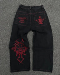 Harajuku Y2K men jeans vintage goth  Skull Embroidery Washed wide leg jeans streetwear