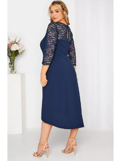 Plus Size Dresses for Women Navy Blue Lace Sweet Midi Dress Formal Dress A-Line Wedding Party Banquet Prom Women Clothing