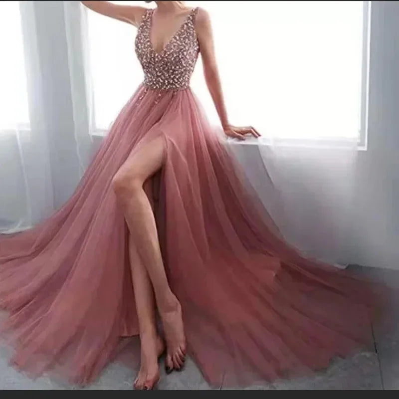 Evening Dresses: Women's Fashion Elegant Pink Embroidery Bead Piece Dress