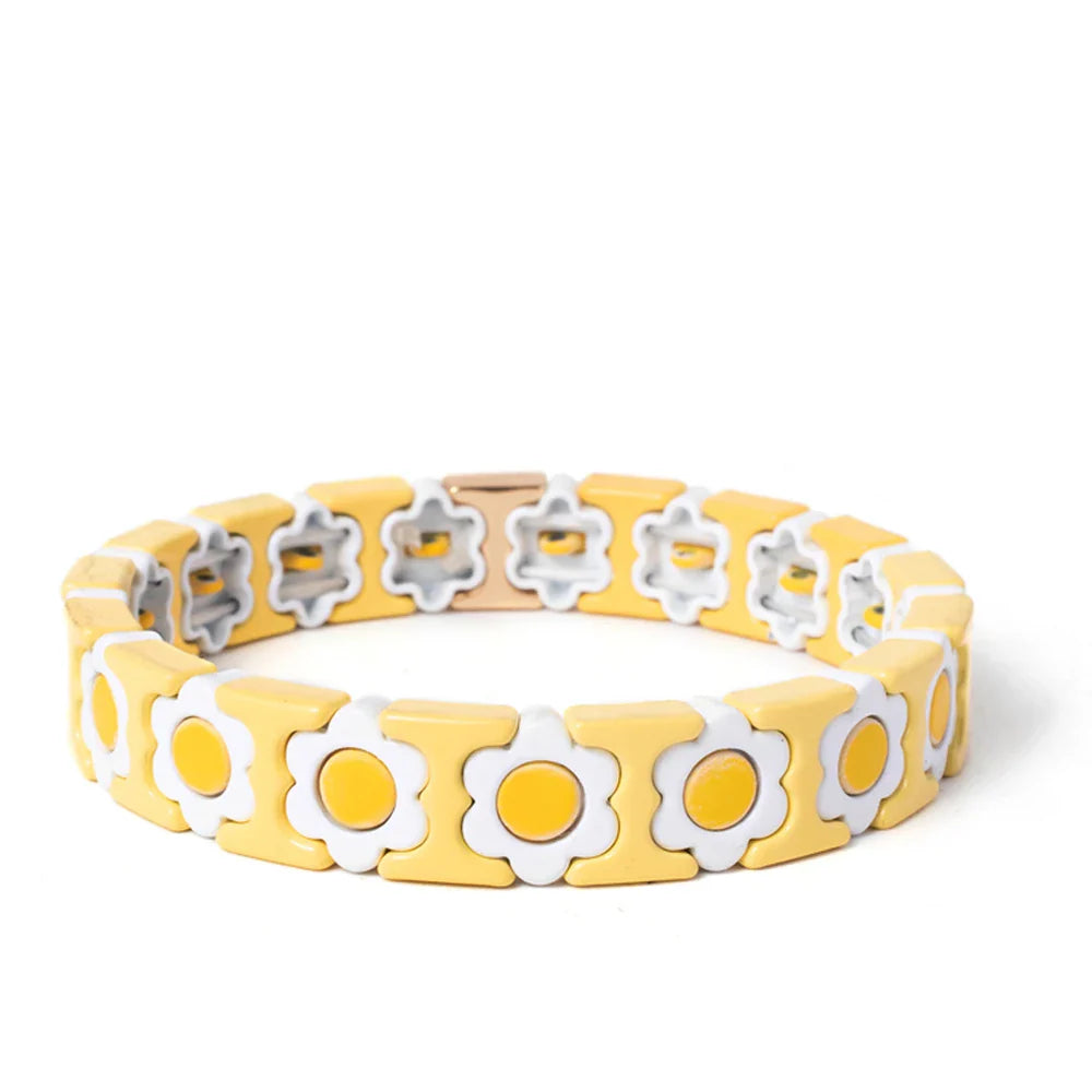 New Design Colorful Flower Charms Bangle For Women Handmade Bohemian Elastic Flower Bracelets Metal Beads Jewelry