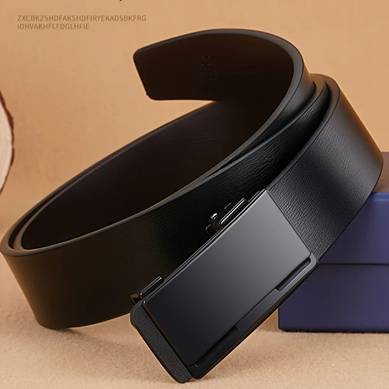 DINISITON Men Leather Belt Black Metal Toothless Automatic Buckle Business Casual PU Leather Men's Fashion High Quality Belt