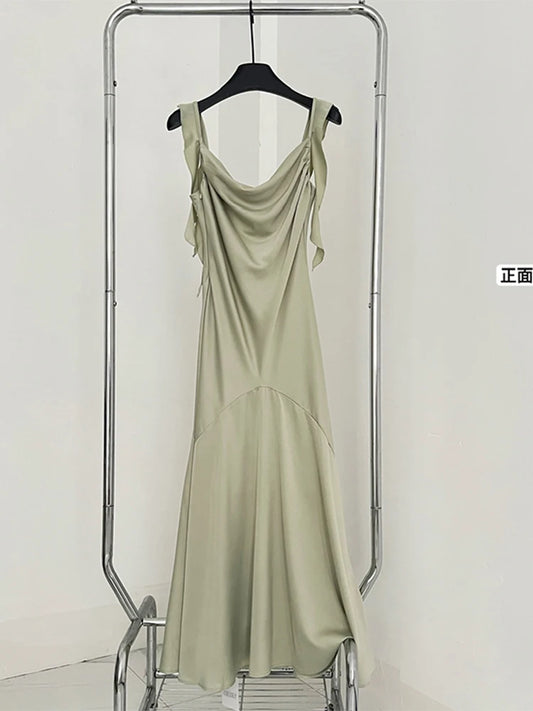 Evening Dresses: French Fashion Vintage Long Prom Satin Dress Maxi Solid Color Frocks