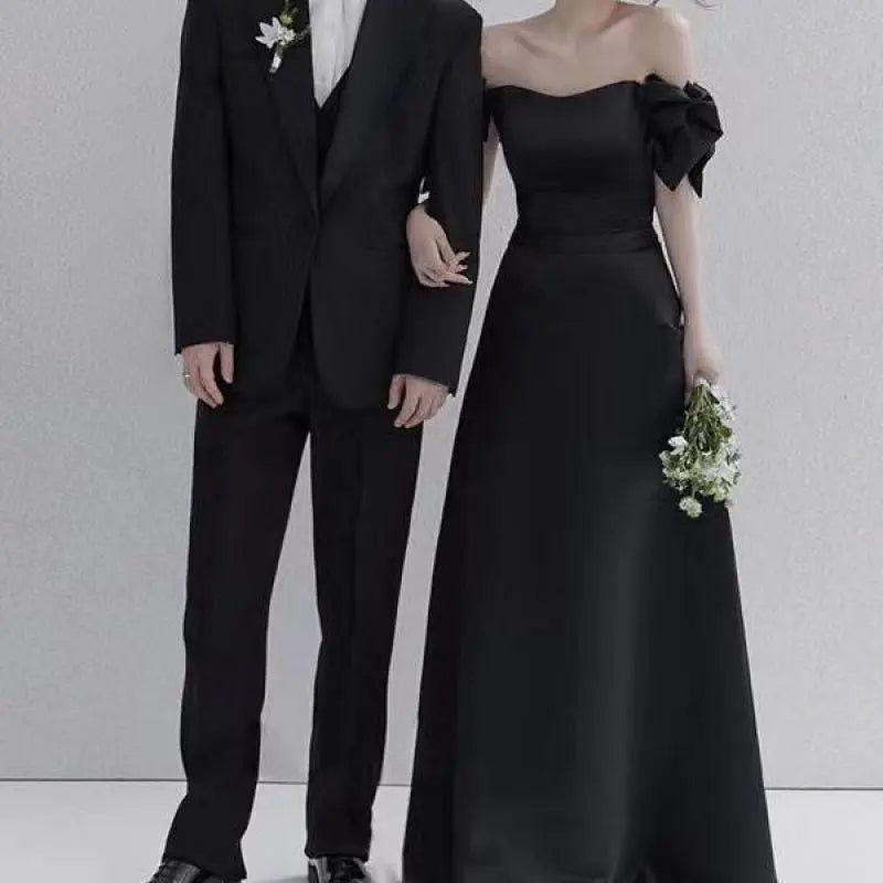 Sweet Bow Off The Shoulder Wedding Dresses New Satin Black Evening Dress Elegant Floor-length A Line Simple Sukienka Na Wesele