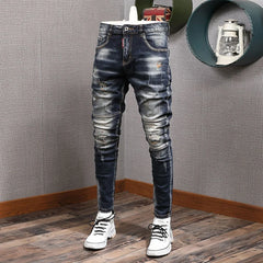 Fashion Streetwear Men Jeans Retro Black Blue Elastic Slim Fit Ripped Jeans Men