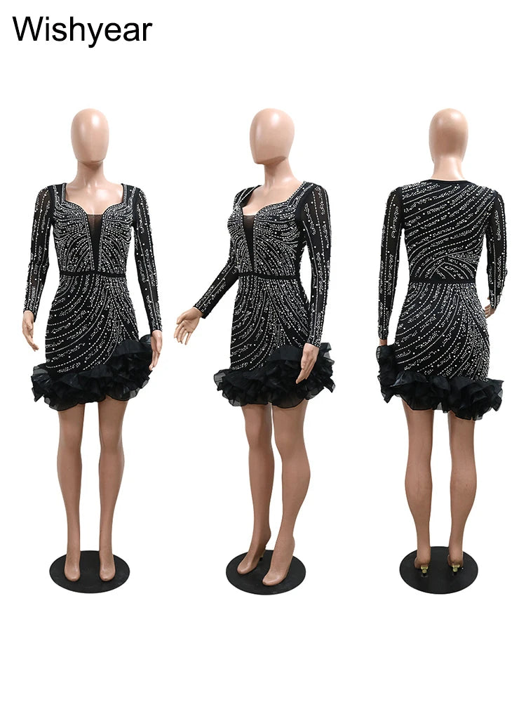 Formal attire Dresses: Evening Rhinestone Pearls Bodycon Ruffle Mini Dress