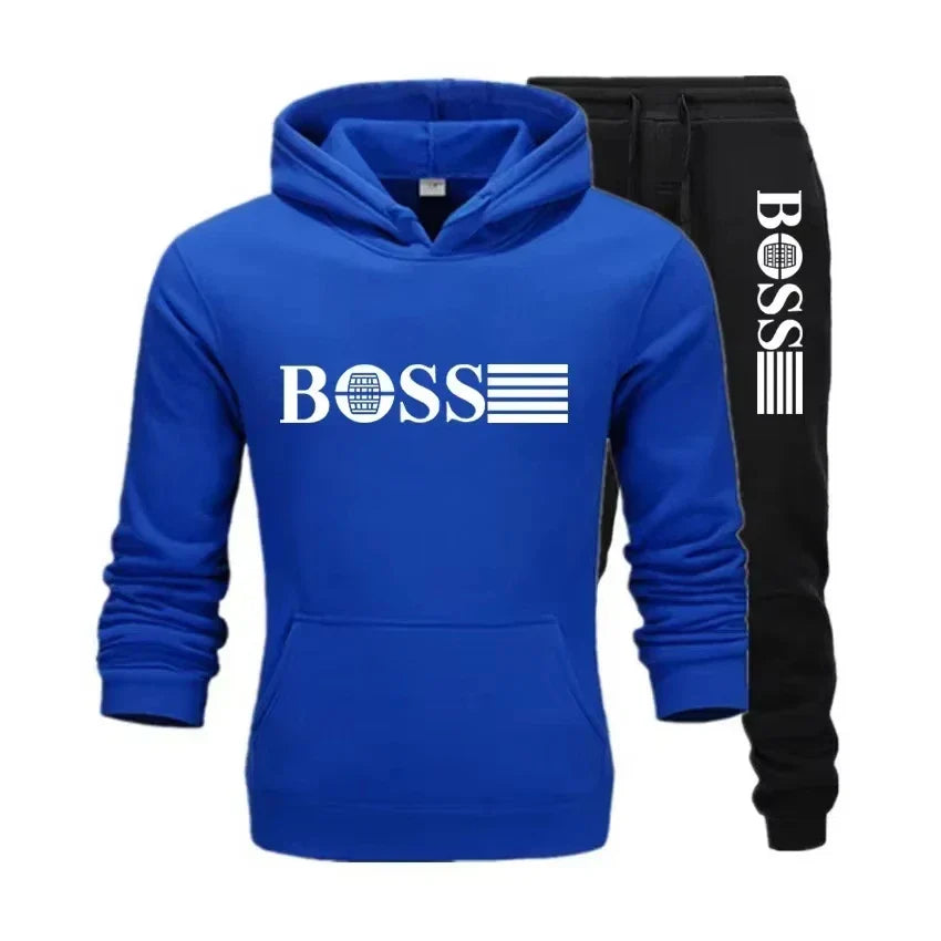 Winter and autumn fleece thickened hooded pullover sweater jacket for men, casual sports outfit, two-piece set for men