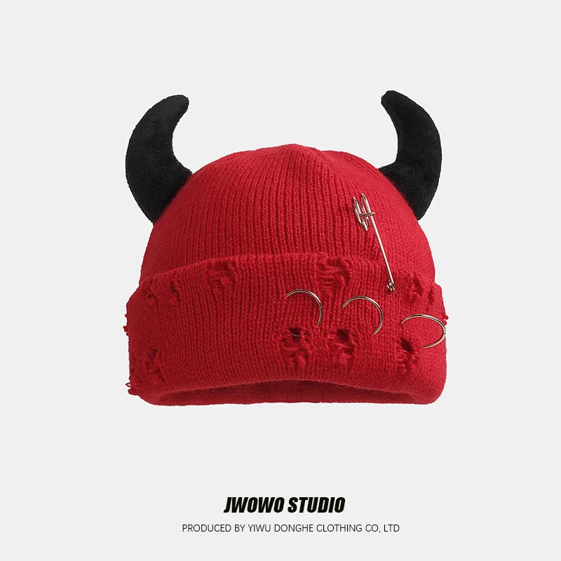 Unisex Knitted Beanie With Devil Horns Halloween Distressed Skull Cap Hip Hop Winter Warm Yarn Hat For Men Women