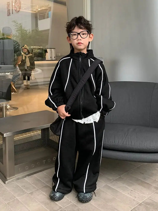 Autumn Winter Childrens Boys 2PCS Clothes Set Fleece Thickened Warm Pullovers Patchwork Pants Suit Toddler Boy Outfits