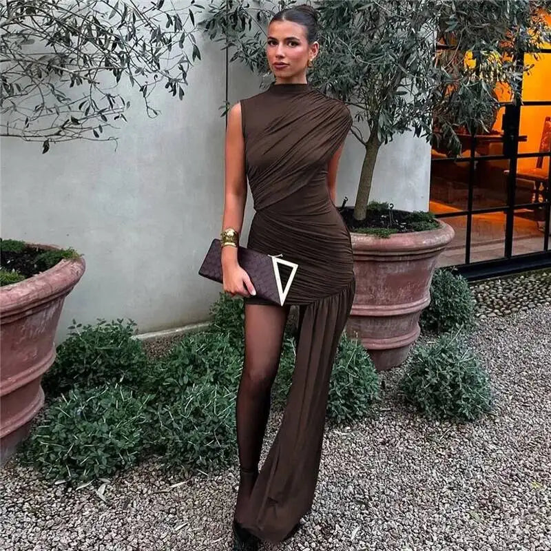 Balitops Summer Draped Ruched Sexy Mini Dress Women 2025 New Irregular High Waist Slim Fit Dress Female Elegant Club Tank Dress