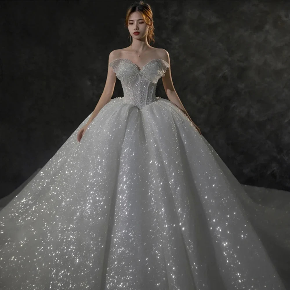 White Bridesmaid Dresses: Neck Lace Up Back Super Shiny Ball Gown Wedding Dress
