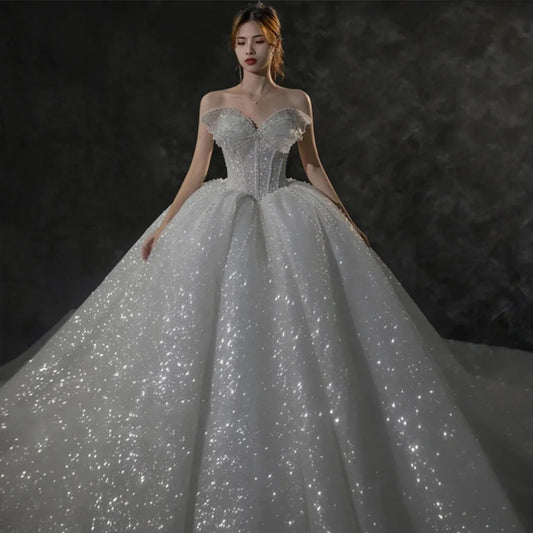 White Bridesmaid Dresses: Neck Lace Up Back Super Shiny Ball Gown Wedding Dress