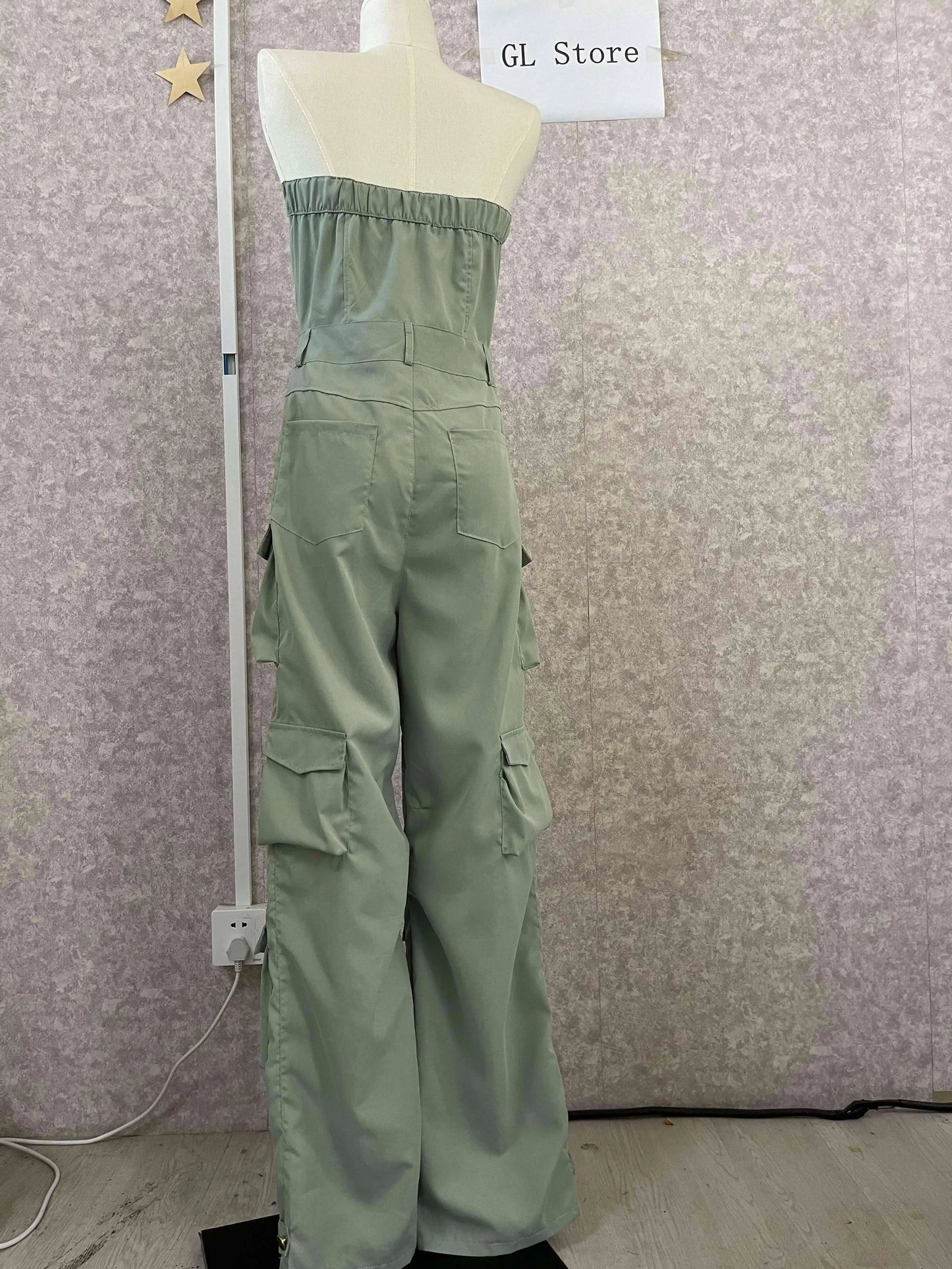 Fashion Women Strapless Button Front Ruched Cargo Jumpsuit