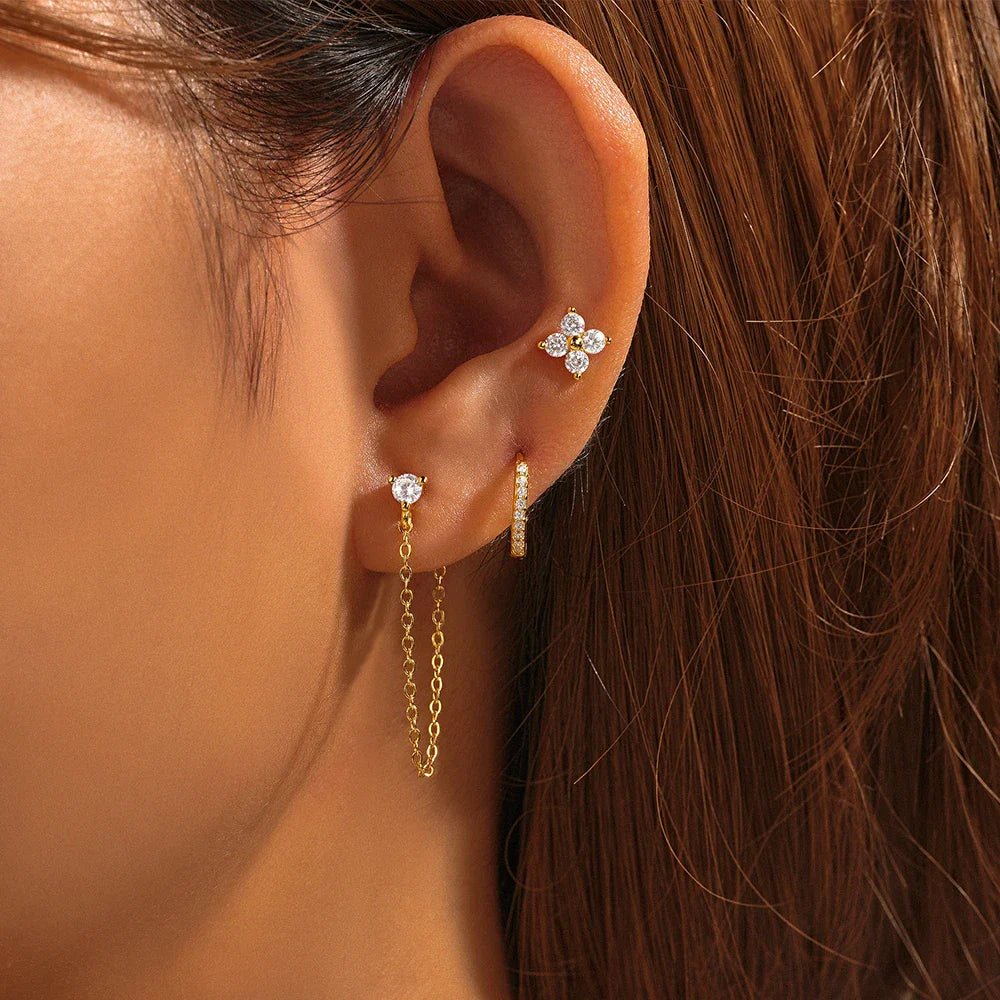 LENNIK 925 Sterling Silver 3pcs/set Cute Chians Stud Earrings Set Fashion Zircon Crystal Women Girls Gift Fine Jewelry Set