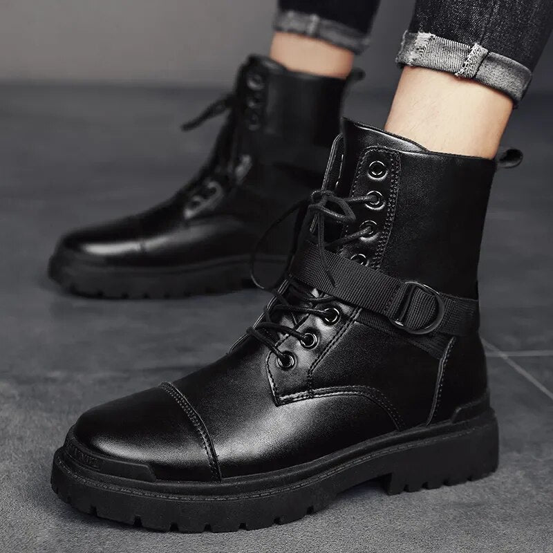 Black Men's Boots Chelsea Fashion Trend Tactical Platform Boots Leather Military Boot Men