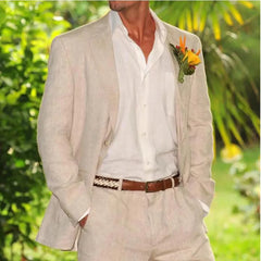 Summer Beige Linen Suits for Men Formal Notch Lapel Wedding Groom Tuxedo