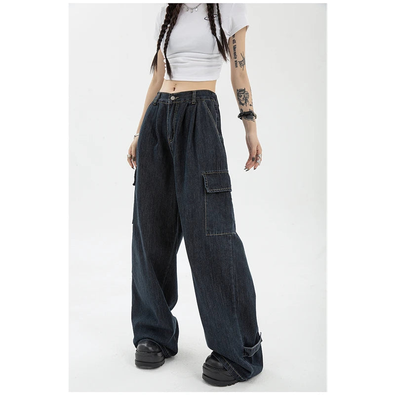 Women's Blue Vintage Wide Leg Jeans Fashion Baggy High Waist Straight Pants