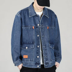 Male Jean Coats Blue Padded Men's Denim Jacket Wide Shoulders With Sheep Padding