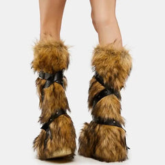 Ladies Faux Fur Knee High Wedge Platform Boots Brown Spice Girl Cross Belt Buckle 2023 Winter New Snow Boots For Women