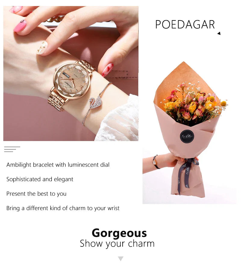 POEDAGAR Elegant Luxury Women Watch Waterproof Luminous Date Week Ladies Watches Fashion Stainless Steel Quartz Woman Wristwatch